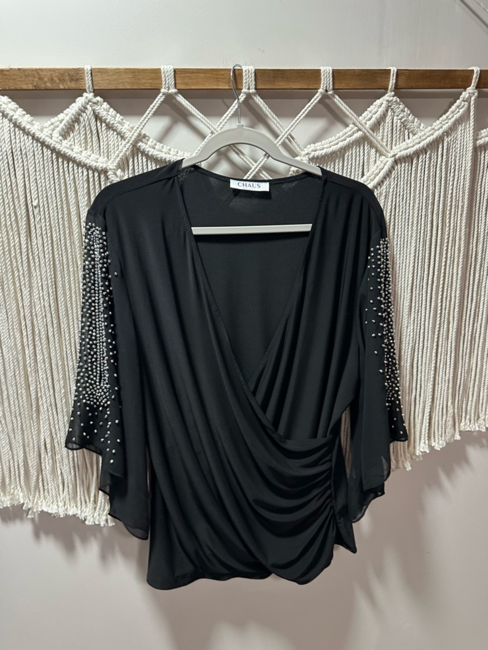 Chaus Black Beaded Draped Surplice Blouse